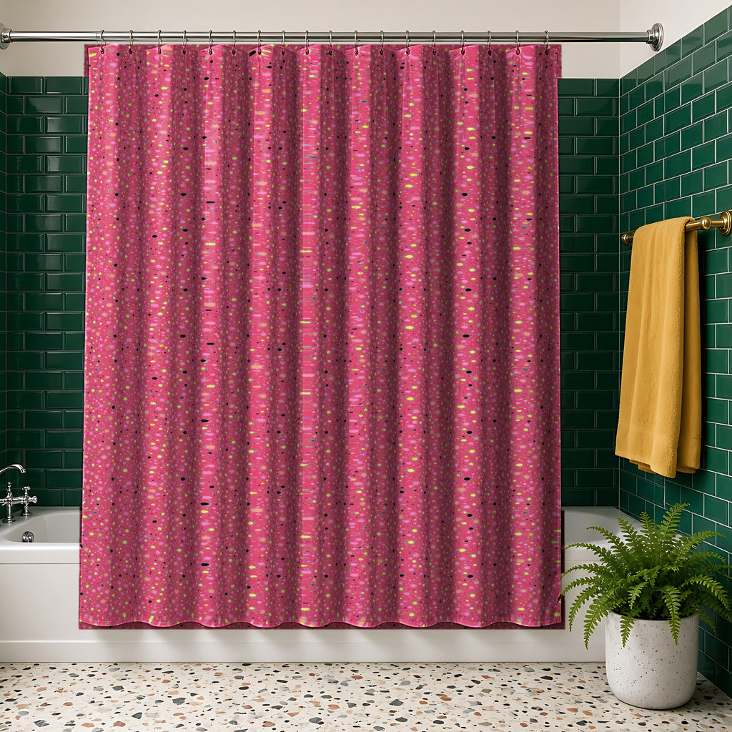 Confetti Spatter Shower Curtain in the Candy Pop on Raspberry palette, hanging in a bathroom with emerald tiles