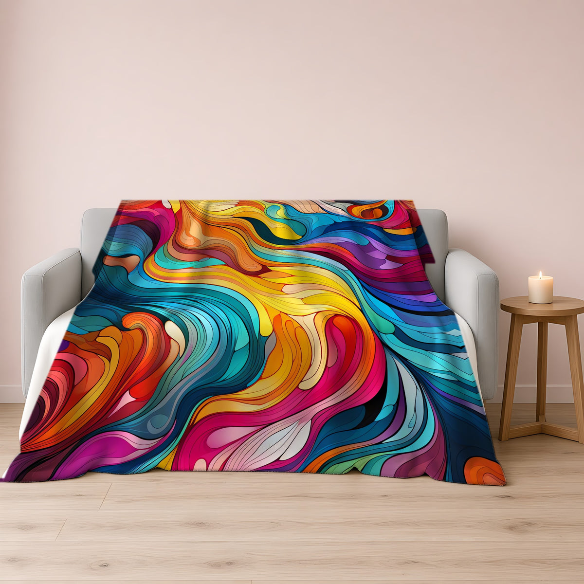Neon Wave Swirl Sherpa Fleece Blanket draped over a grey sofa
