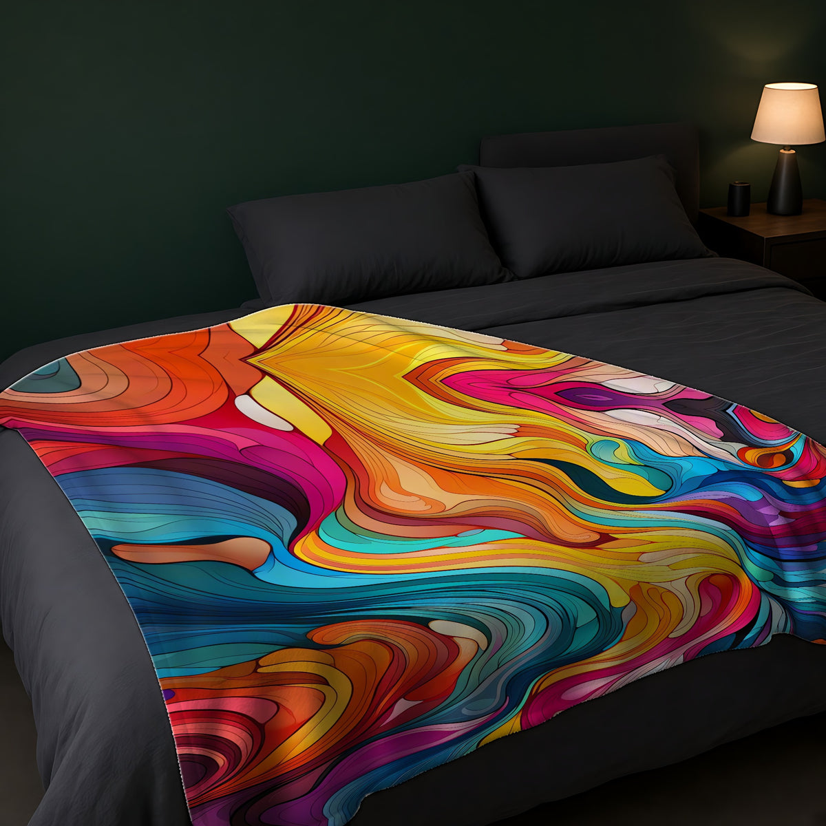Neon Wave Swirl Sherpa Fleece Blanket across the foot of a dark bed