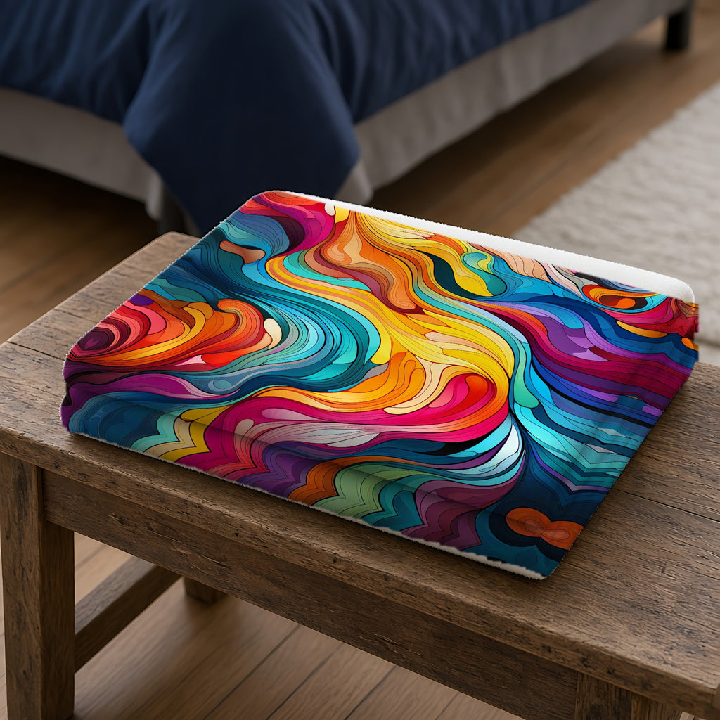 Neon Wave Swirl Sherpa Fleece Blanket folded on a wooden bench