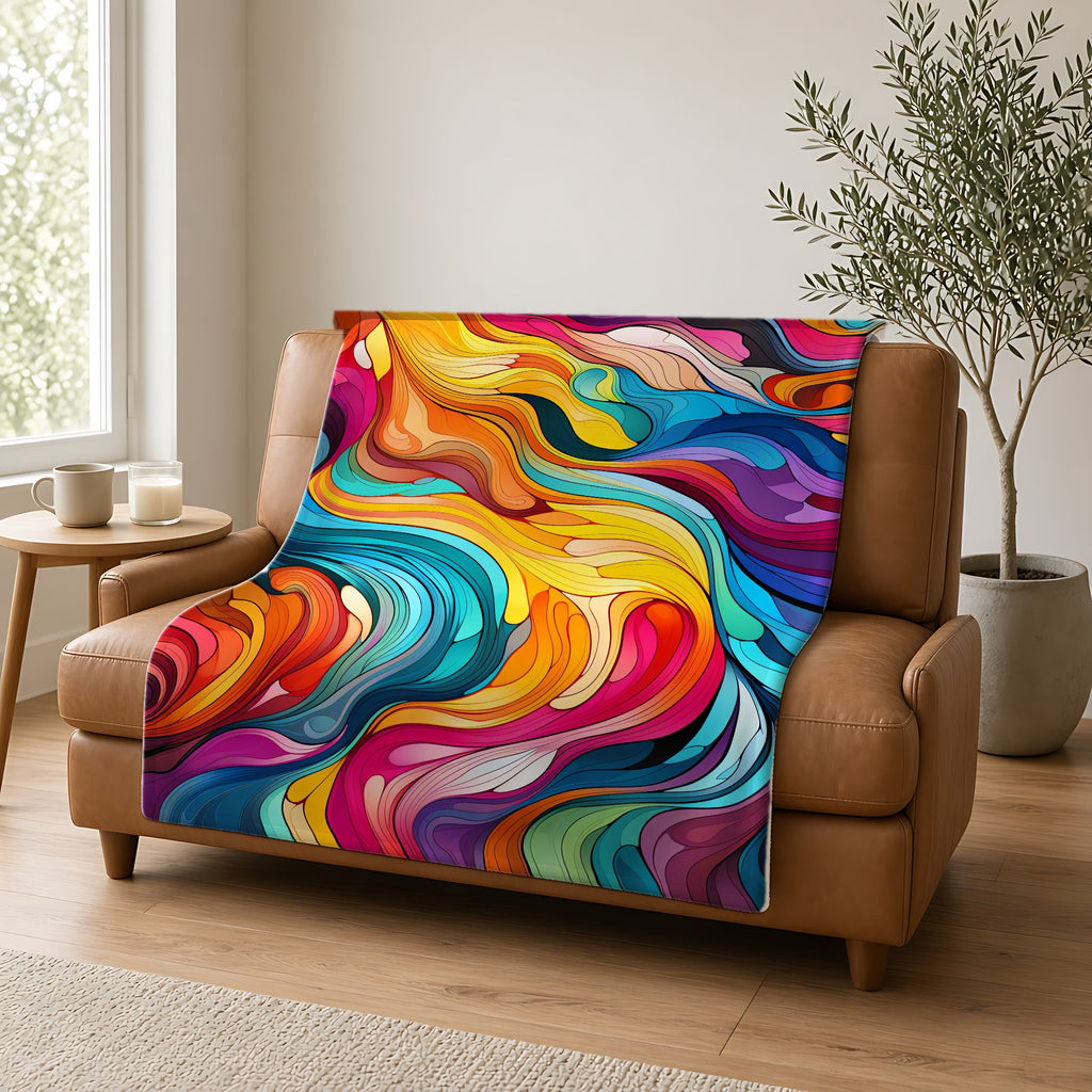 Neon Wave Swirl Sherpa Fleece Blanket draped over a caramel leather sofa