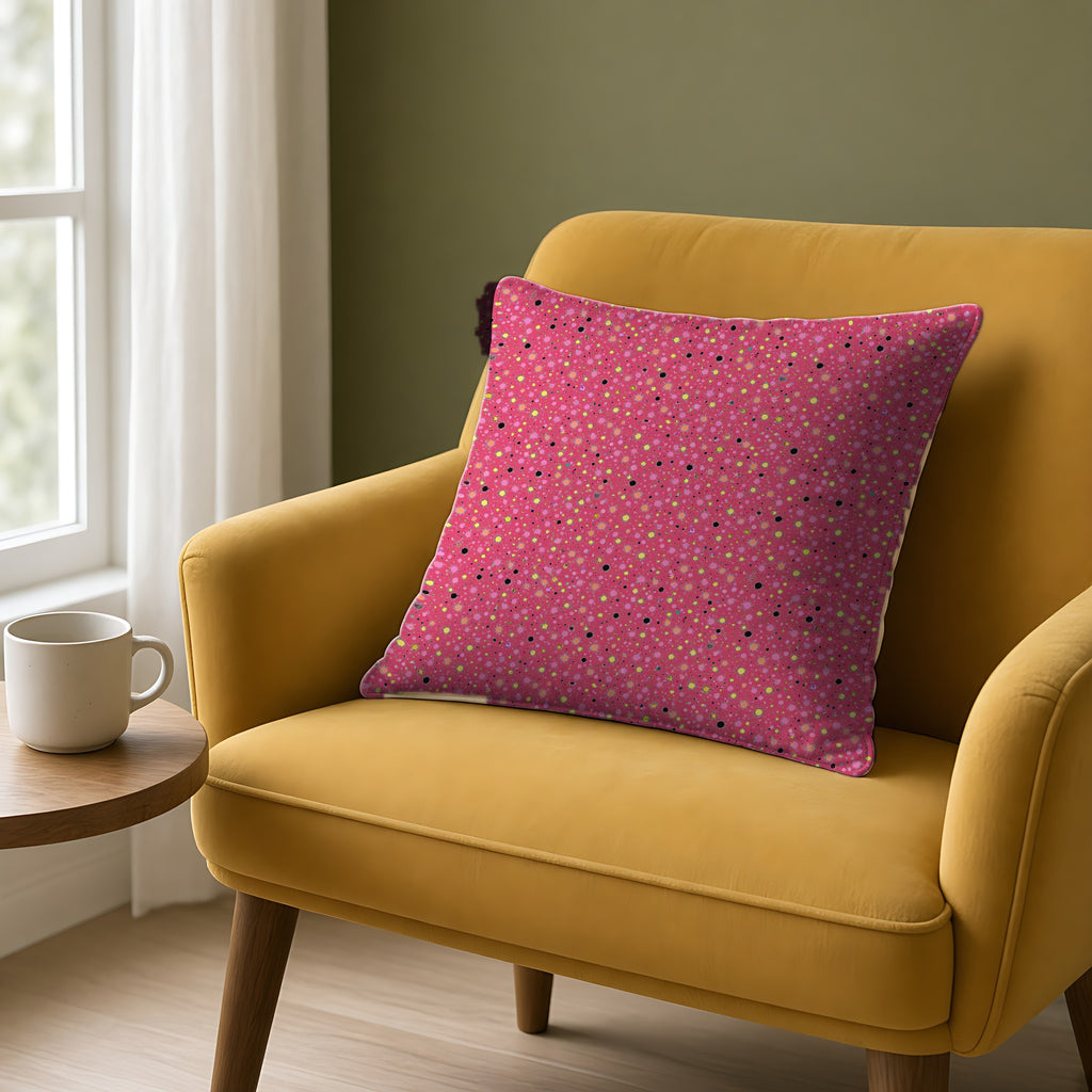 Confetti Spatter Faux Suede Cushion on a mustard armchair by a window