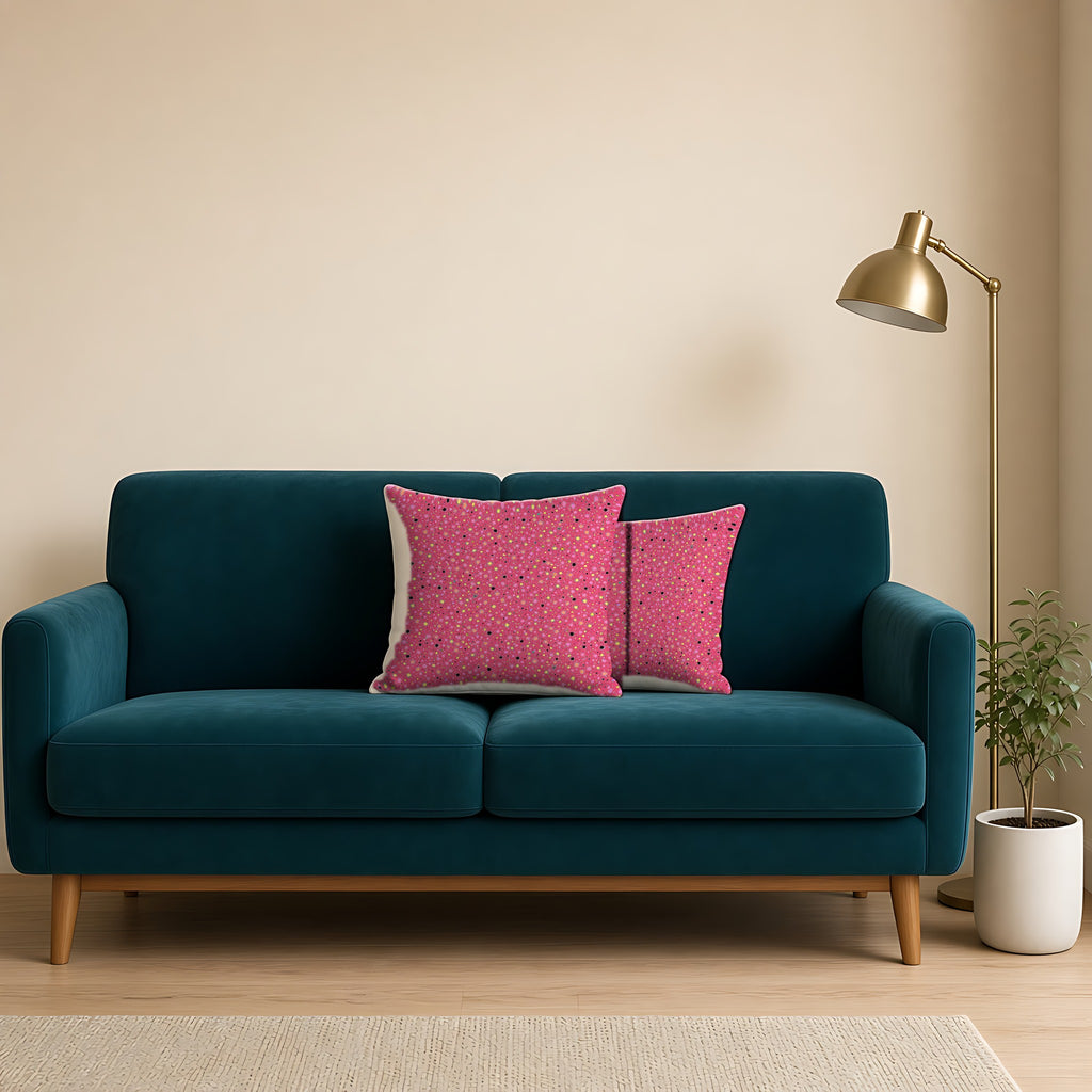 Confetti Spatter Faux Suede Cushion on a teal velvet sofa