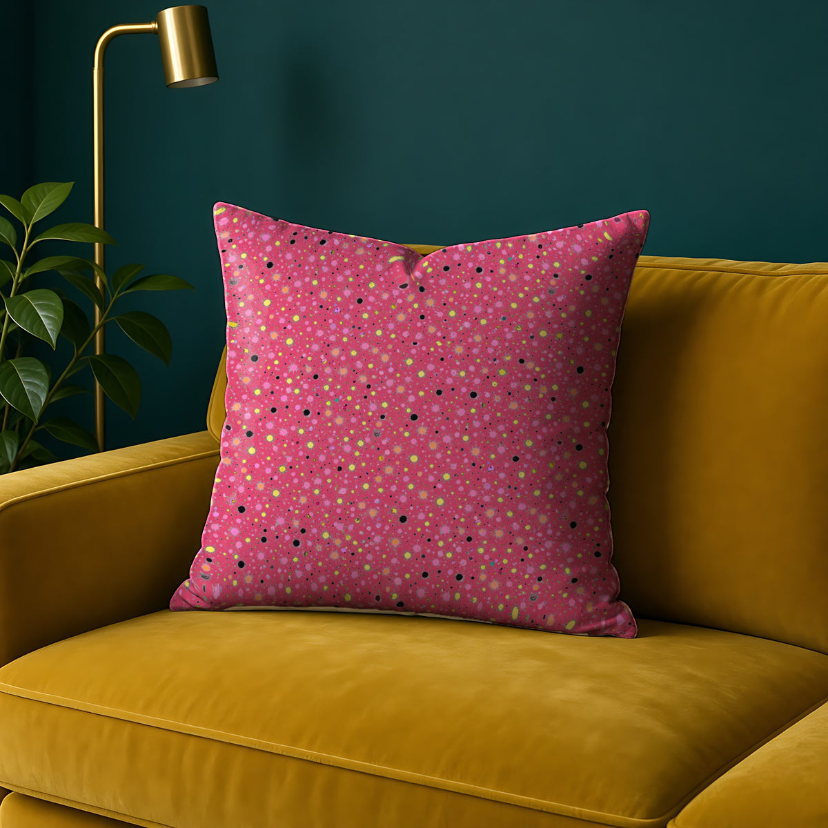 Confetti Spatter Faux Suede Cushion in the Candy Pop on Raspberry palette, on a mustard sofa against a teal wall