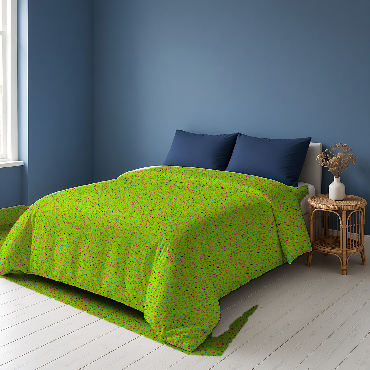 Confetti Spatter Cotton Duvet Cover on a bed in a Scandinavian blue bedroom