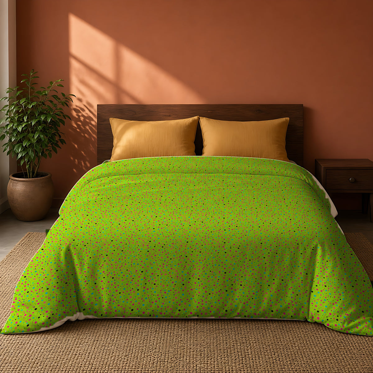 Confetti Spatter Cotton Duvet Cover on a king bed against a warm terracotta wall
