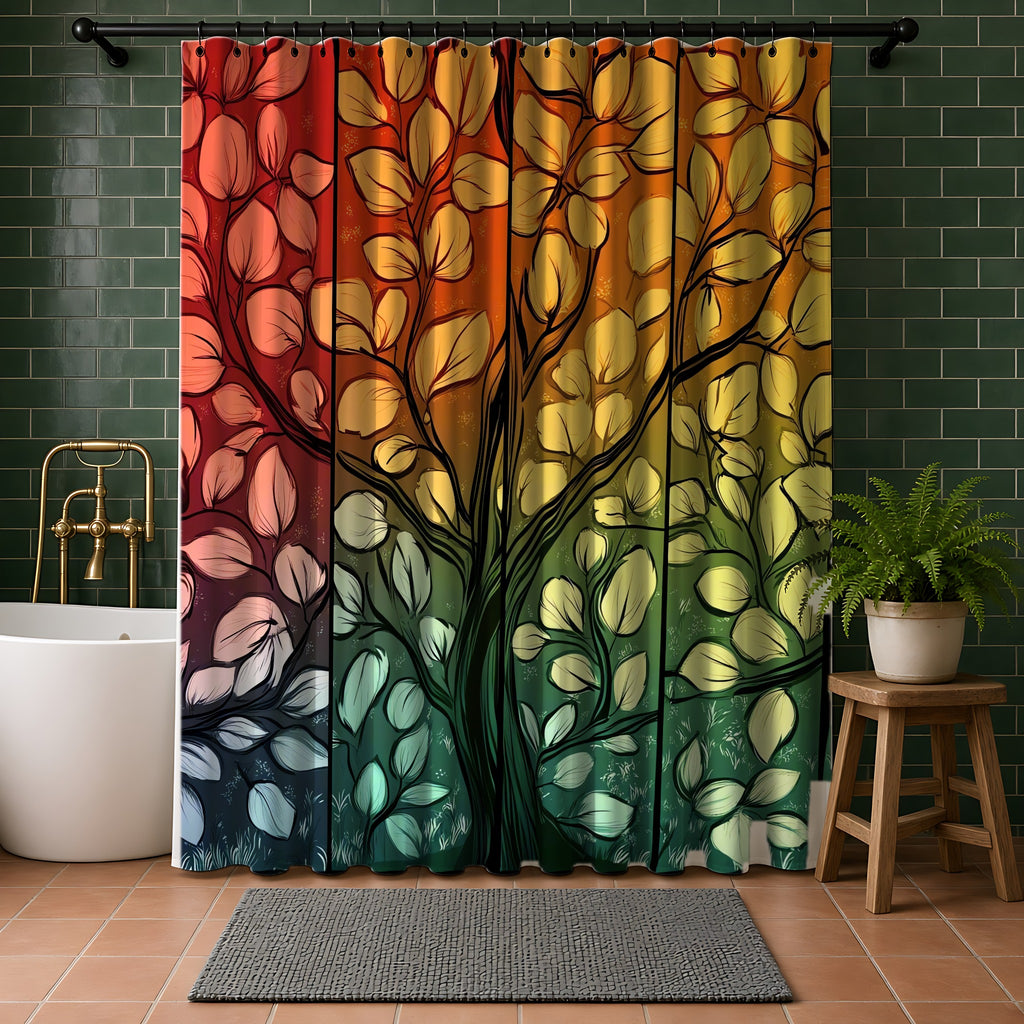 Stained Glass Autumn Tree Shower Curtain in a bathroom with dark green tiles