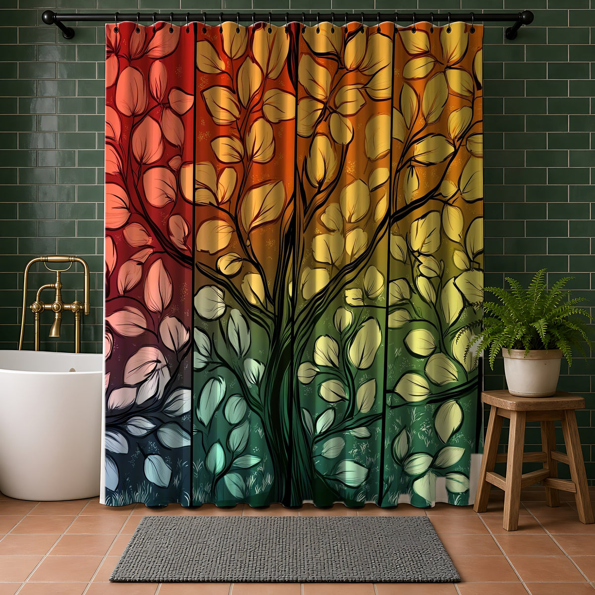Stained Glass Autumn Tree Shower Curtain in a bathroom with dark green tiles