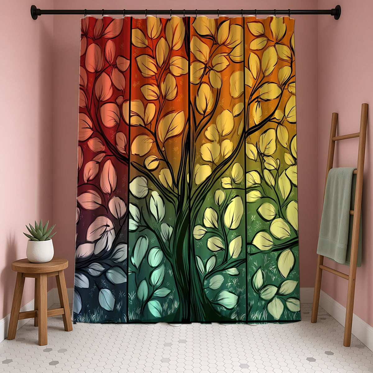 Stained Glass Autumn Tree Shower Curtain in a blush-pink bathroom