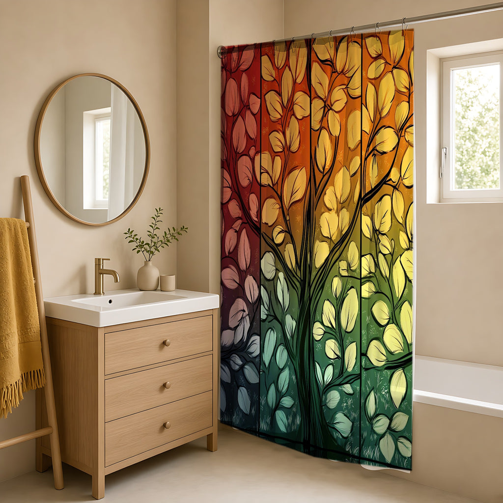 Stained Glass Autumn Tree Shower Curtain in a warm neutral bathroom with an oak vanity