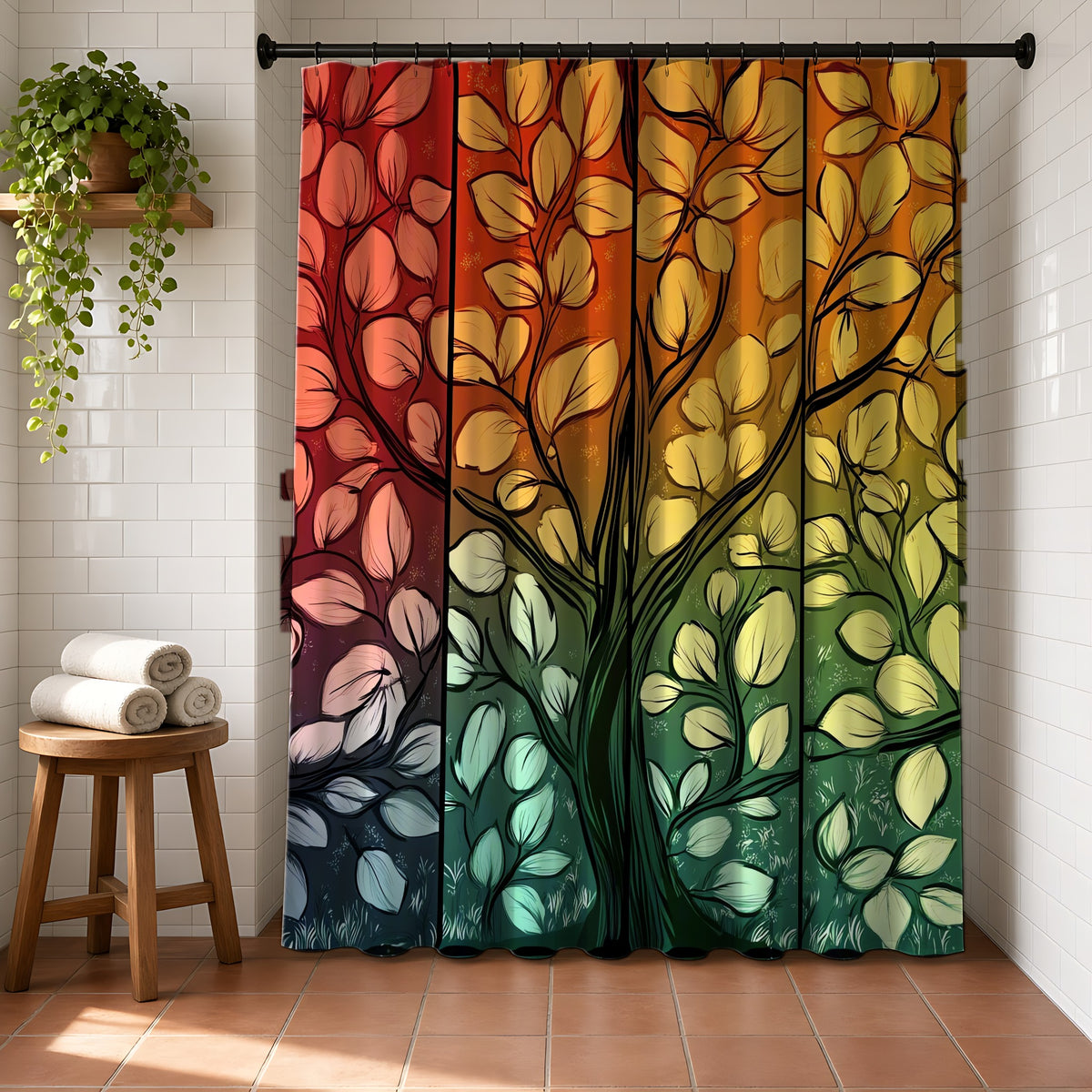 Stained Glass Autumn Tree Shower Curtain in a bright bathroom with white tiles and a terracotta floor