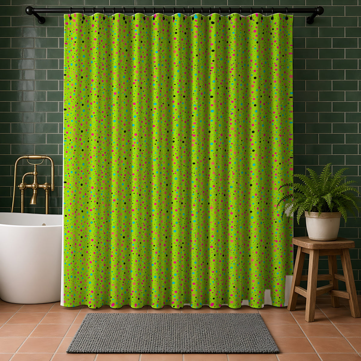 Confetti Spatter Shower Curtain in a bathroom with dark green tiles