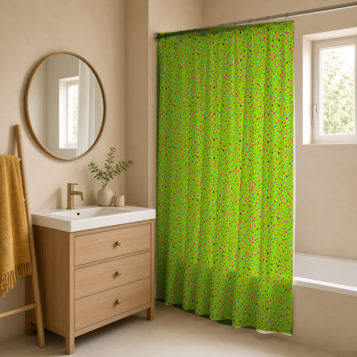 Confetti Spatter Shower Curtain in a warm neutral bathroom with an oak vanity