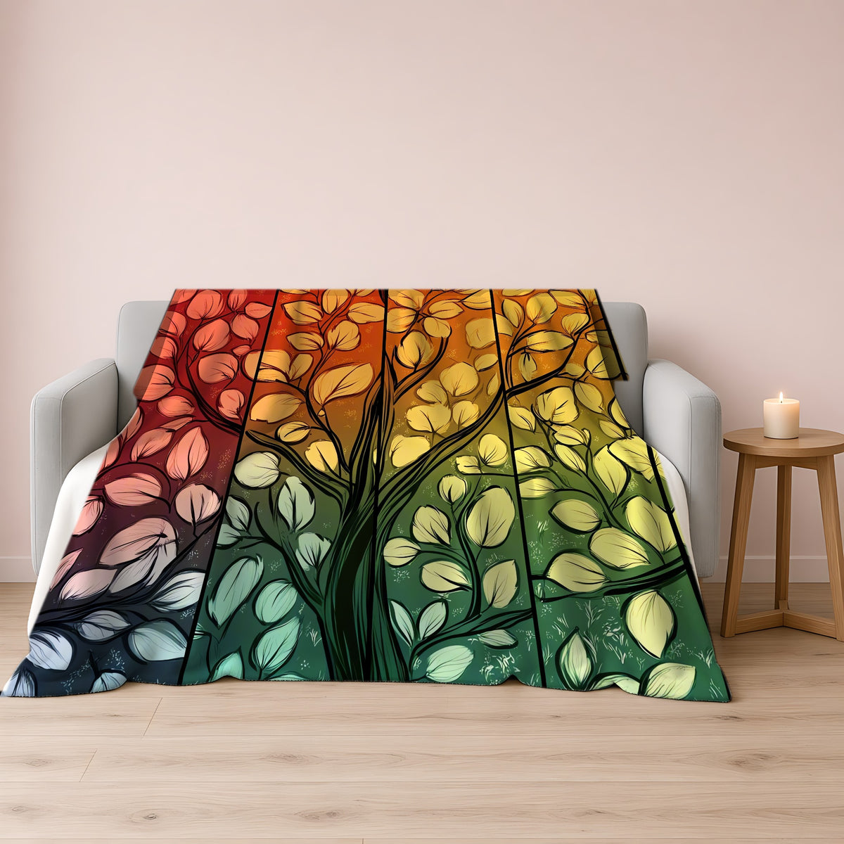 Stained Glass Autumn Tree Sherpa Fleece Blanket draped over a grey sofa