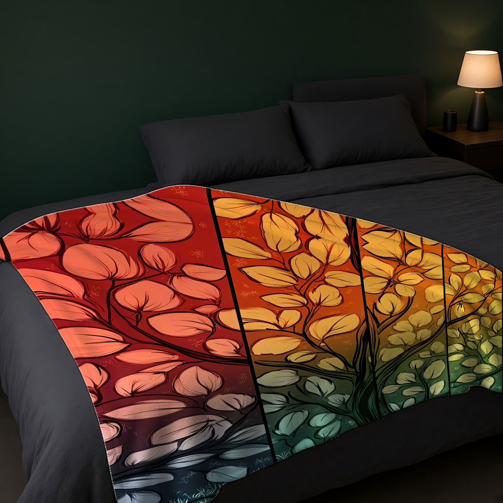 Stained Glass Autumn Tree Sherpa Fleece Blanket across the foot of a dark bed