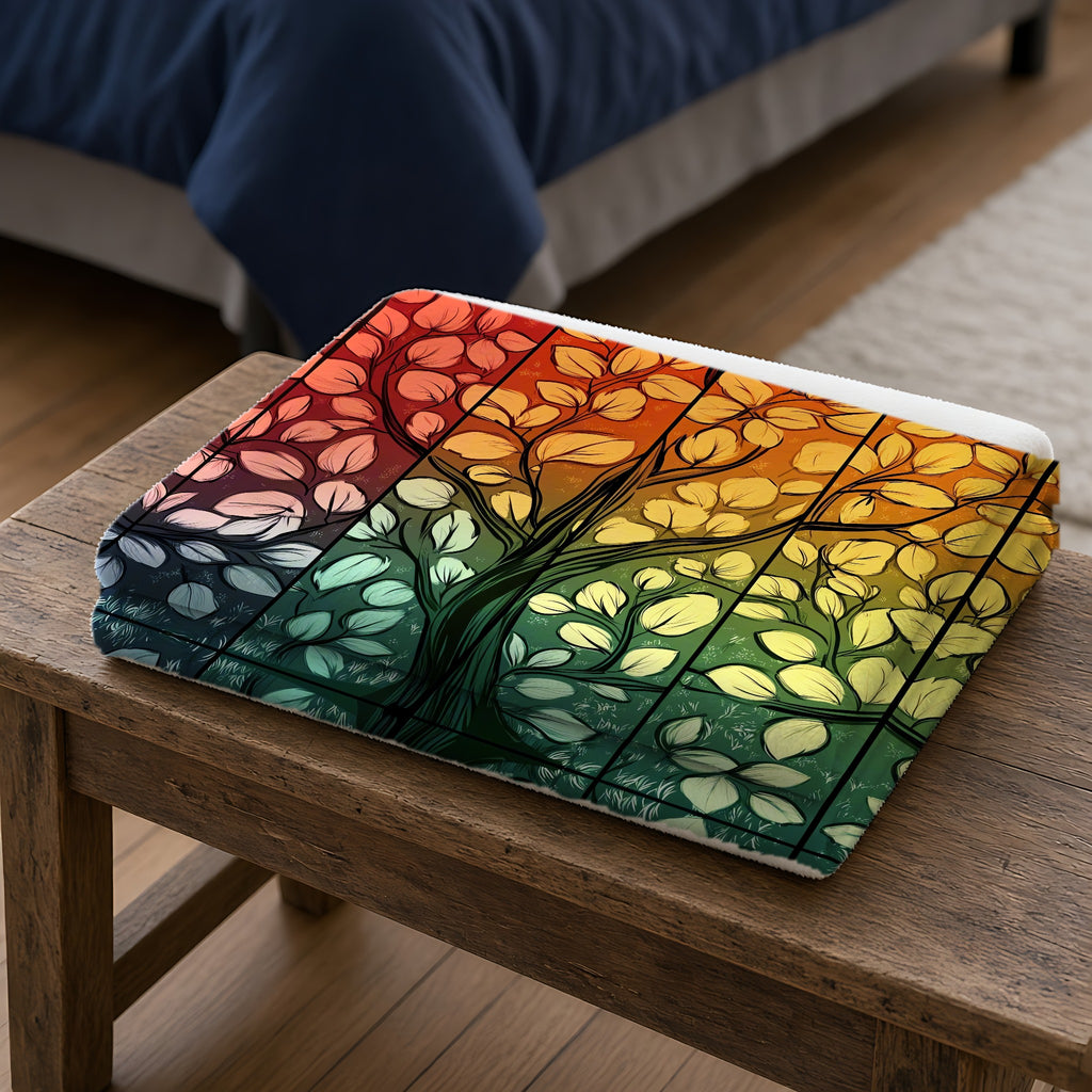 Stained Glass Autumn Tree Sherpa Fleece Blanket folded on a wooden bench