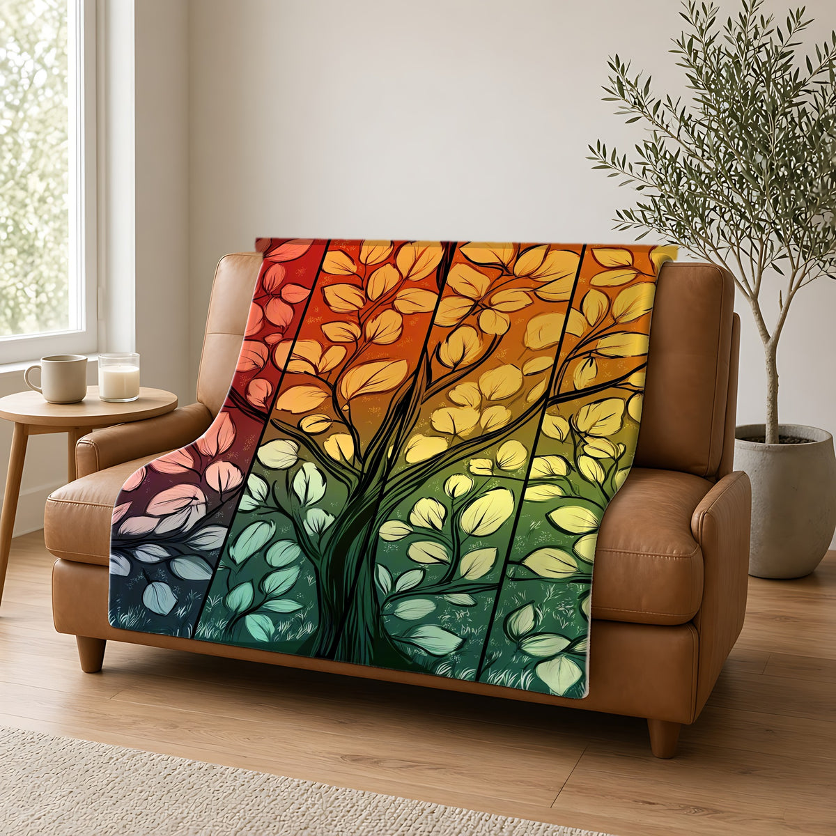Stained Glass Autumn Tree Sherpa Fleece Blanket draped over a caramel leather sofa