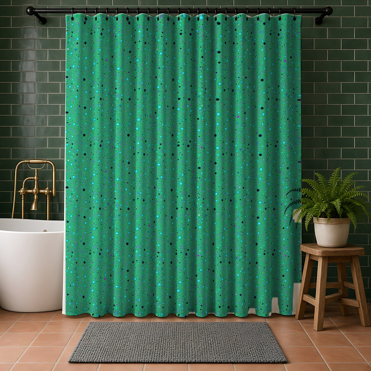 Confetti Spatter Shower Curtain in a bathroom with dark green tiles