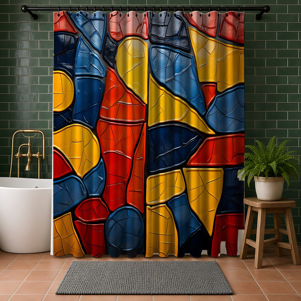 Bold Mosaic Glass Shower Curtain in a bathroom with dark green tiles