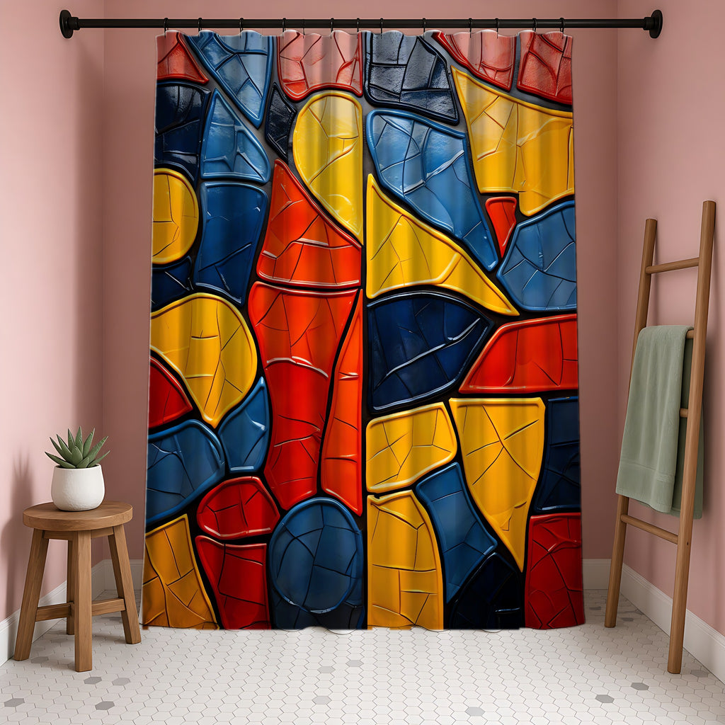 Bold Mosaic Glass Shower Curtain in a blush-pink bathroom