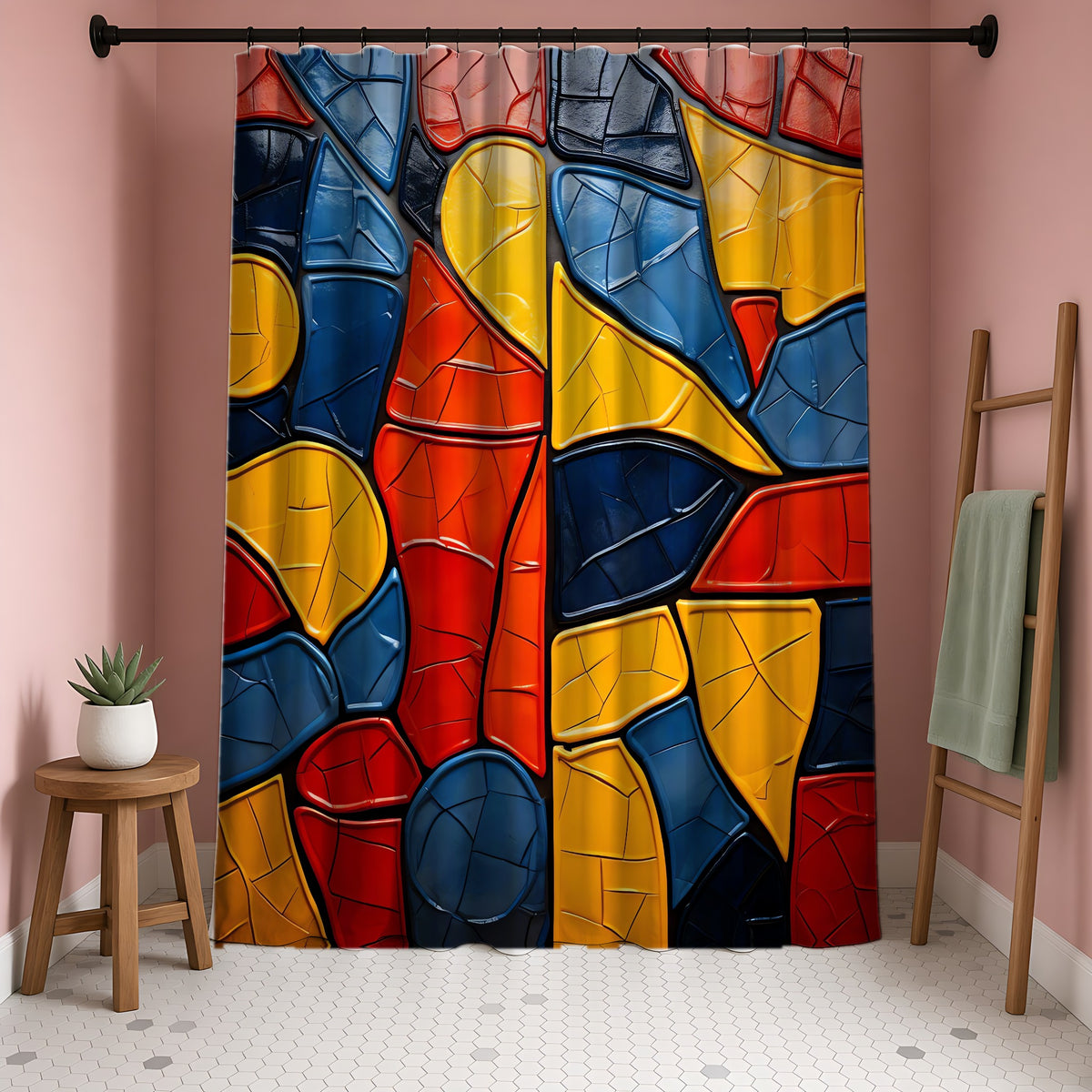 Bold Mosaic Glass Shower Curtain in a blush-pink bathroom