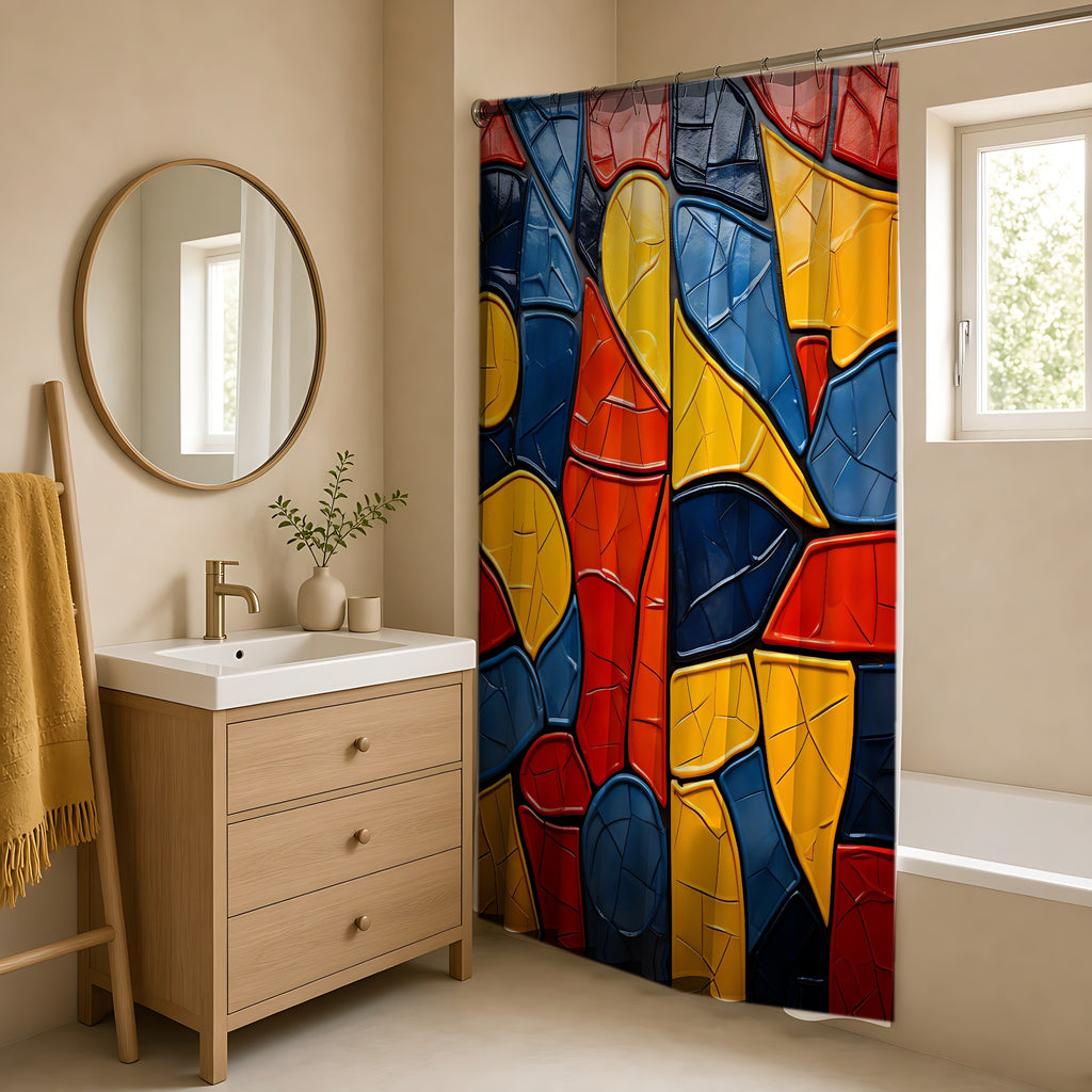 Bold Mosaic Glass Shower Curtain in a warm neutral bathroom with an oak vanity