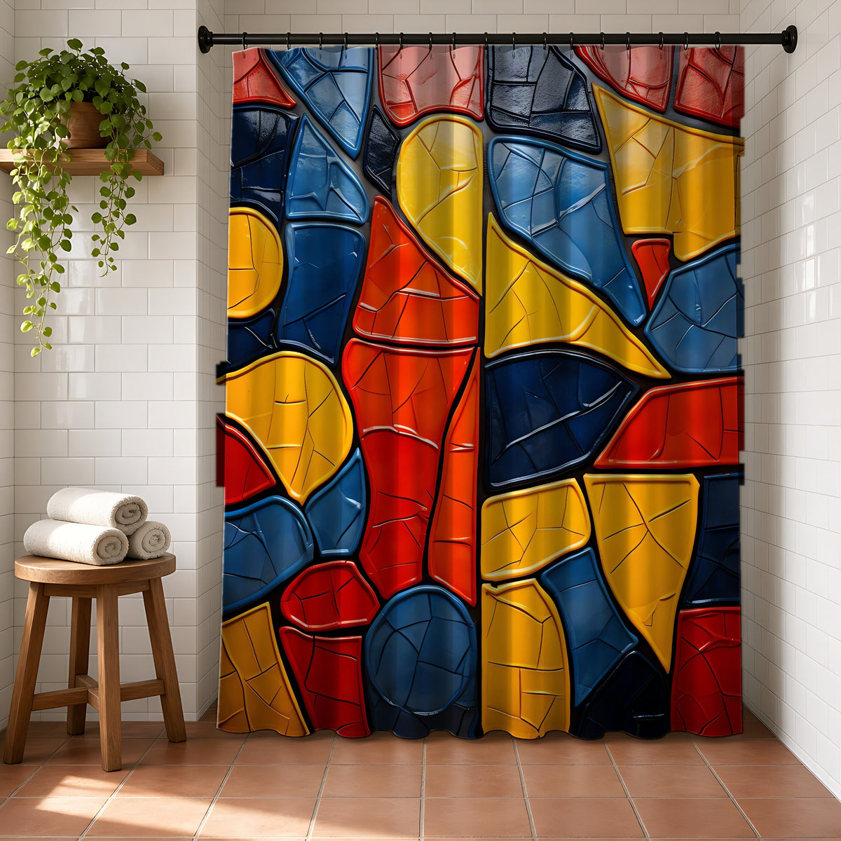 Bold Mosaic Glass Shower Curtain in a bright bathroom with white tiles and a terracotta floor