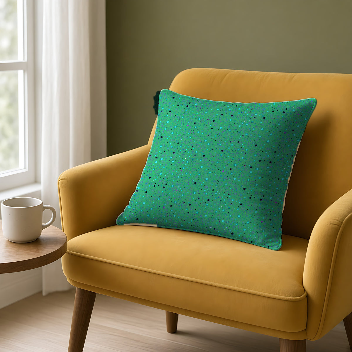 Confetti Spatter Faux Suede Cushion on a mustard armchair by a window