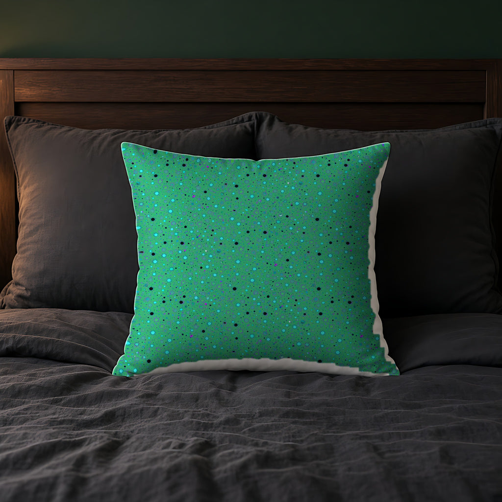 Confetti Spatter Faux Suede Cushion on a bed with charcoal bedding