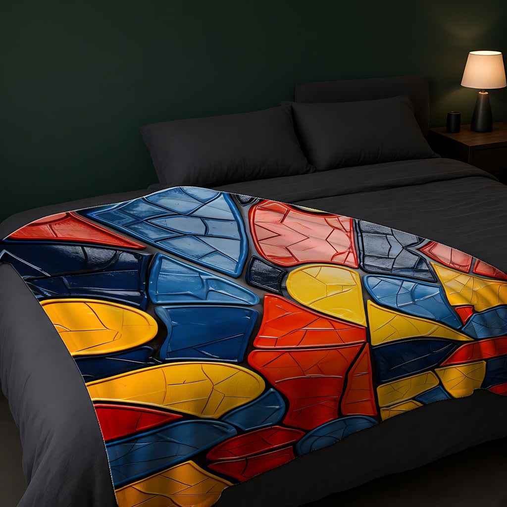 Bold Mosaic Glass Sherpa Fleece Blanket across the foot of a dark bed