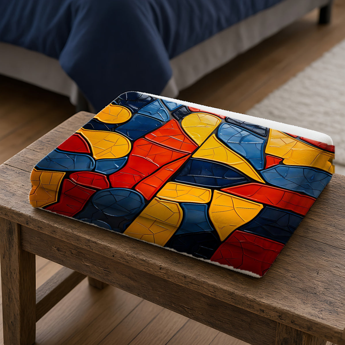 Bold Mosaic Glass Sherpa Fleece Blanket folded on a wooden bench