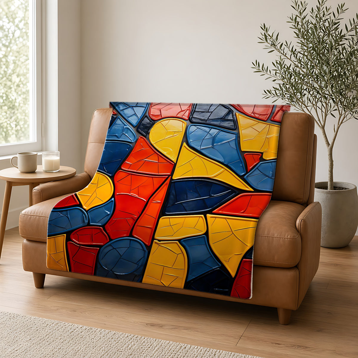 Bold Mosaic Glass Sherpa Fleece Blanket draped over a caramel leather sofa