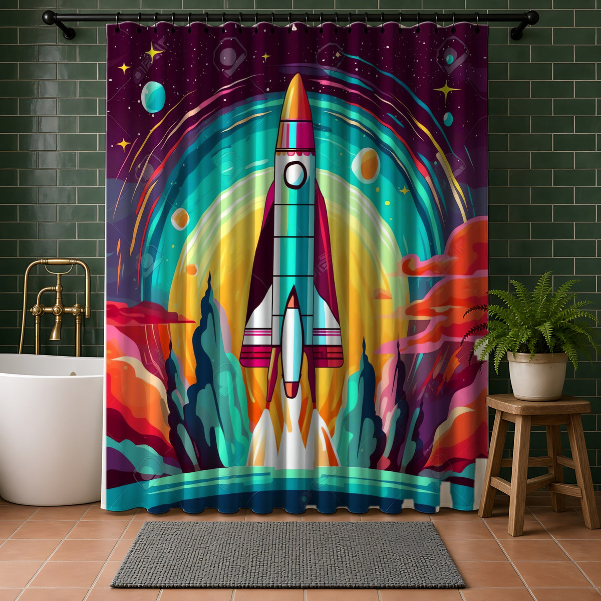 Retro Rocket Launch Shower Curtain in a bathroom with dark green tiles
