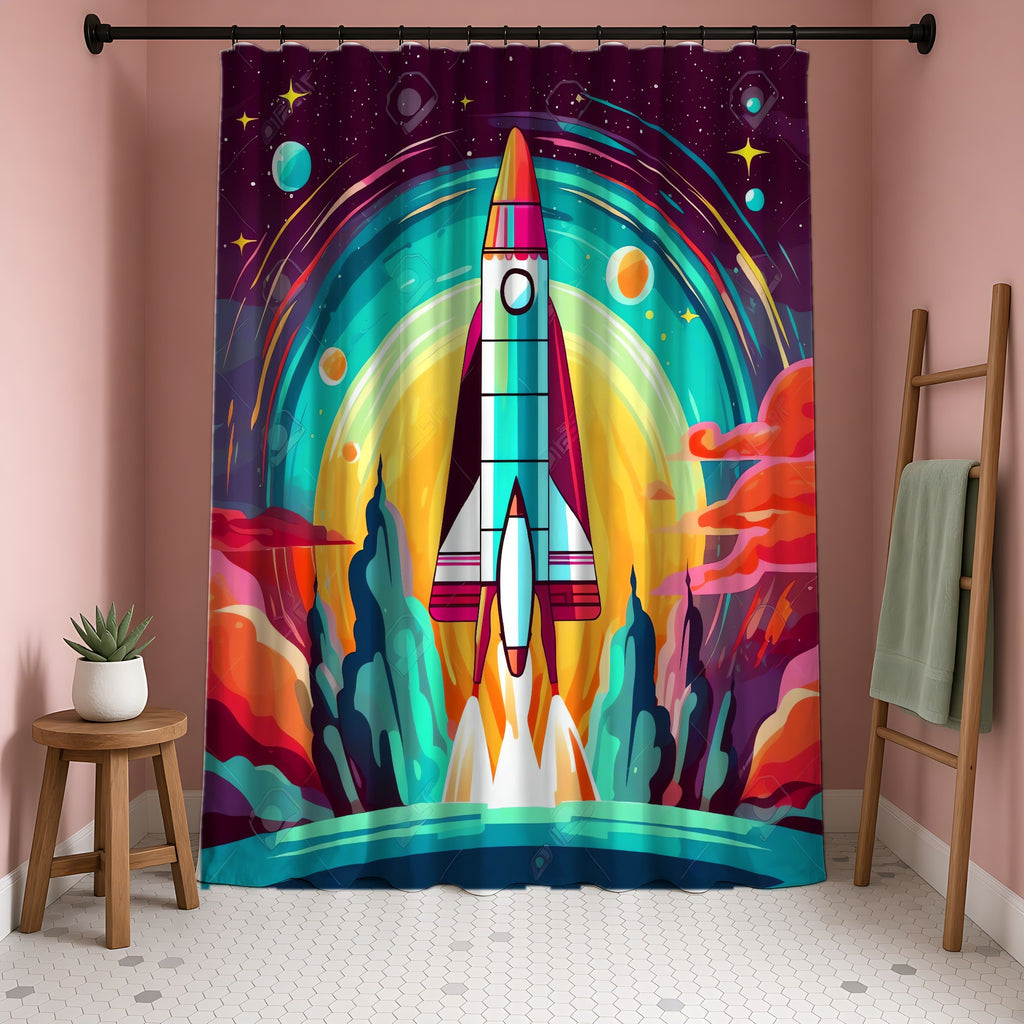 Retro Rocket Launch Shower Curtain in a blush-pink bathroom