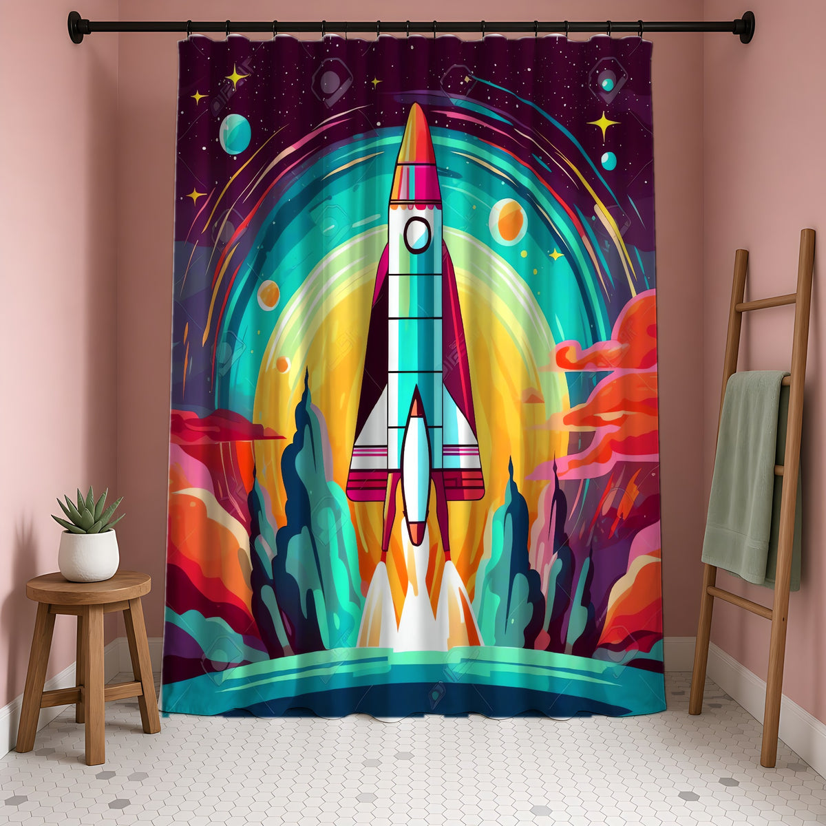 Retro Rocket Launch Shower Curtain in a blush-pink bathroom