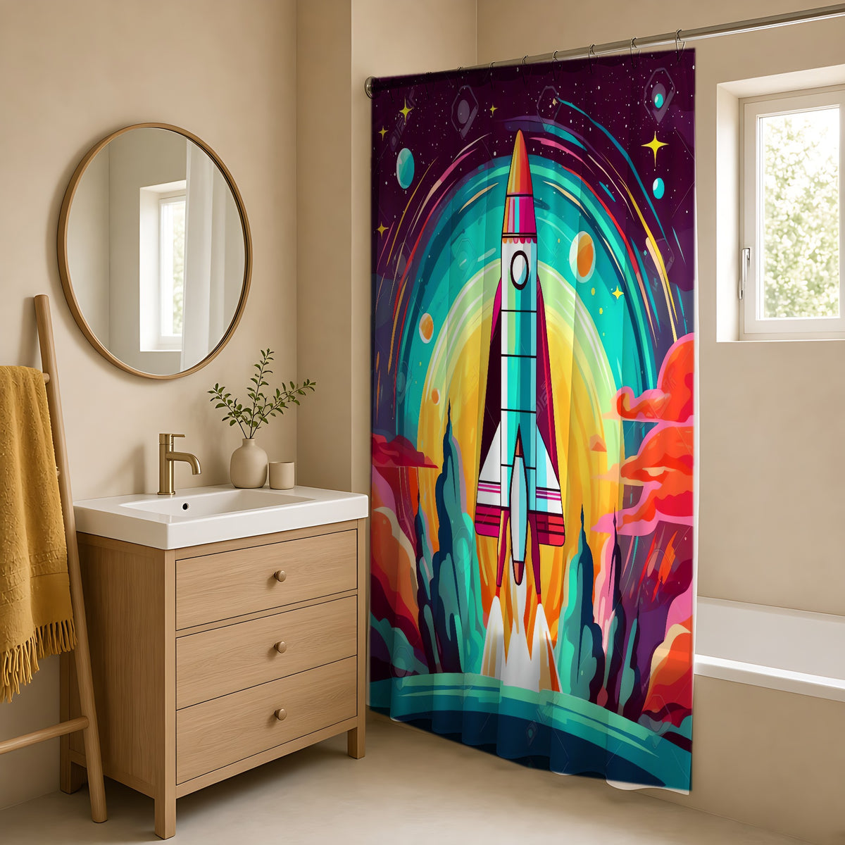 Retro Rocket Launch Shower Curtain in a warm neutral bathroom with an oak vanity