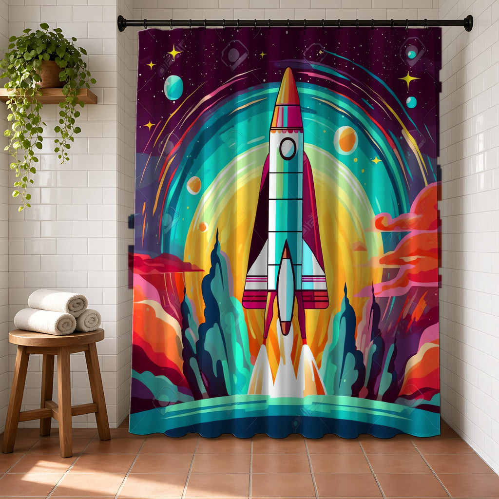 Retro Rocket Launch Shower Curtain in a bright bathroom with white tiles and a terracotta floor