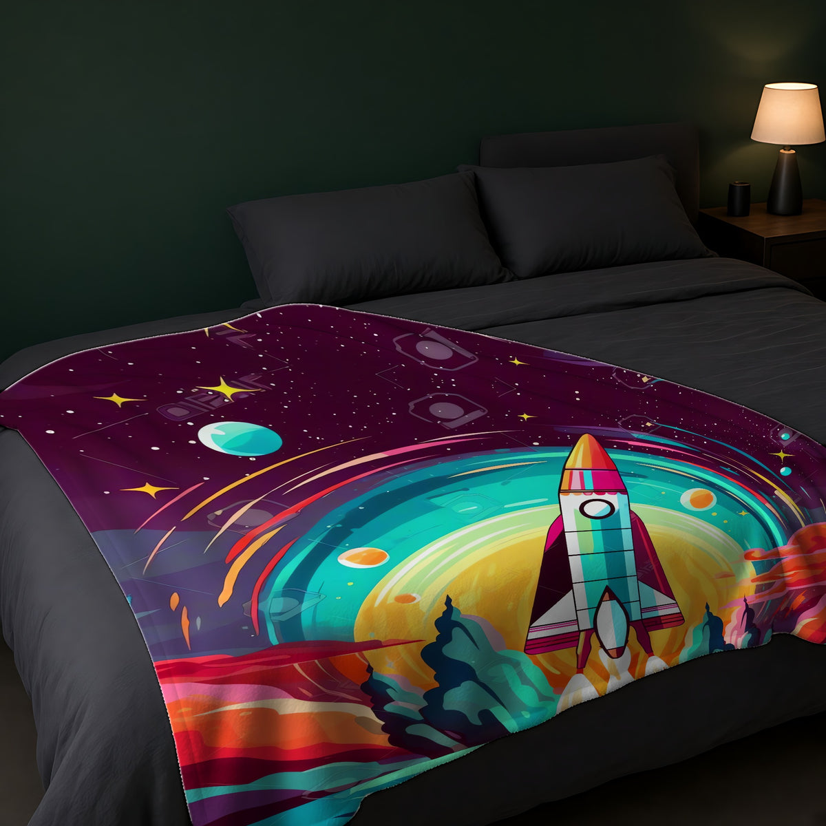 Retro Rocket Launch Sherpa Fleece Blanket across the foot of a dark bed