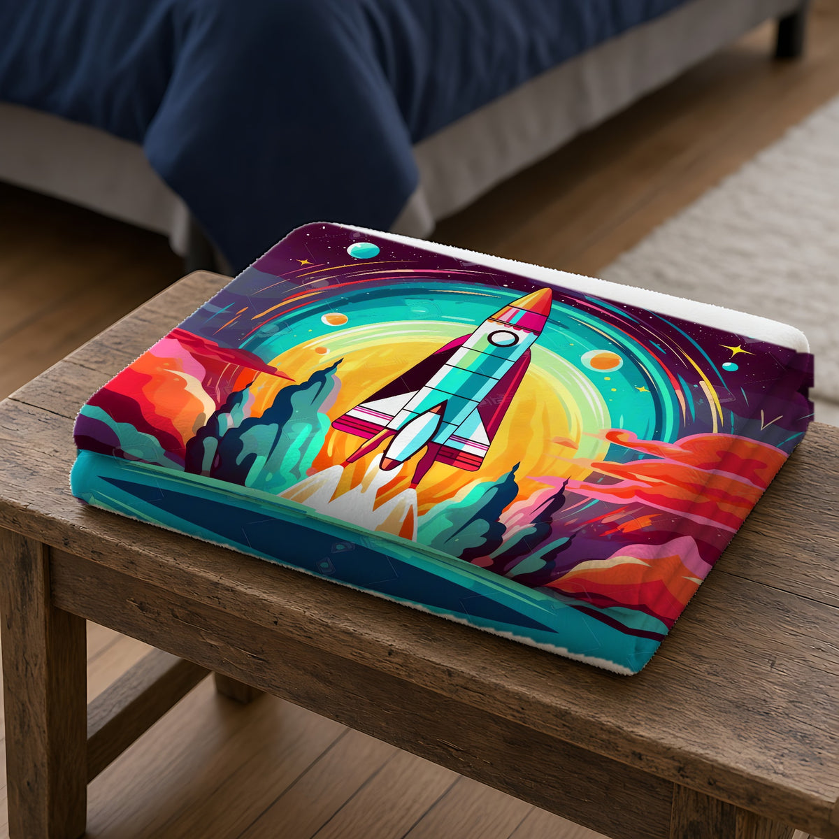 Retro Rocket Launch Sherpa Fleece Blanket folded on a wooden bench