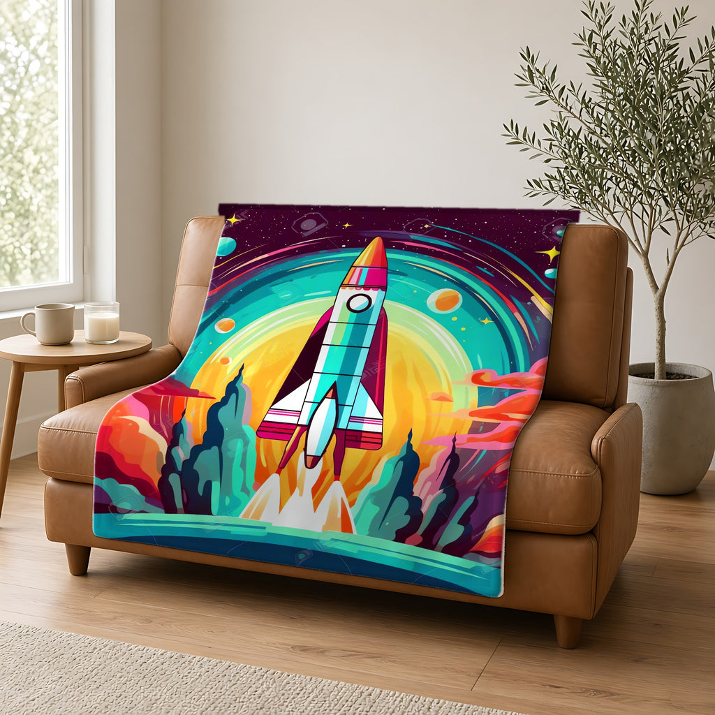 Retro Rocket Launch Sherpa Fleece Blanket draped over a caramel leather sofa