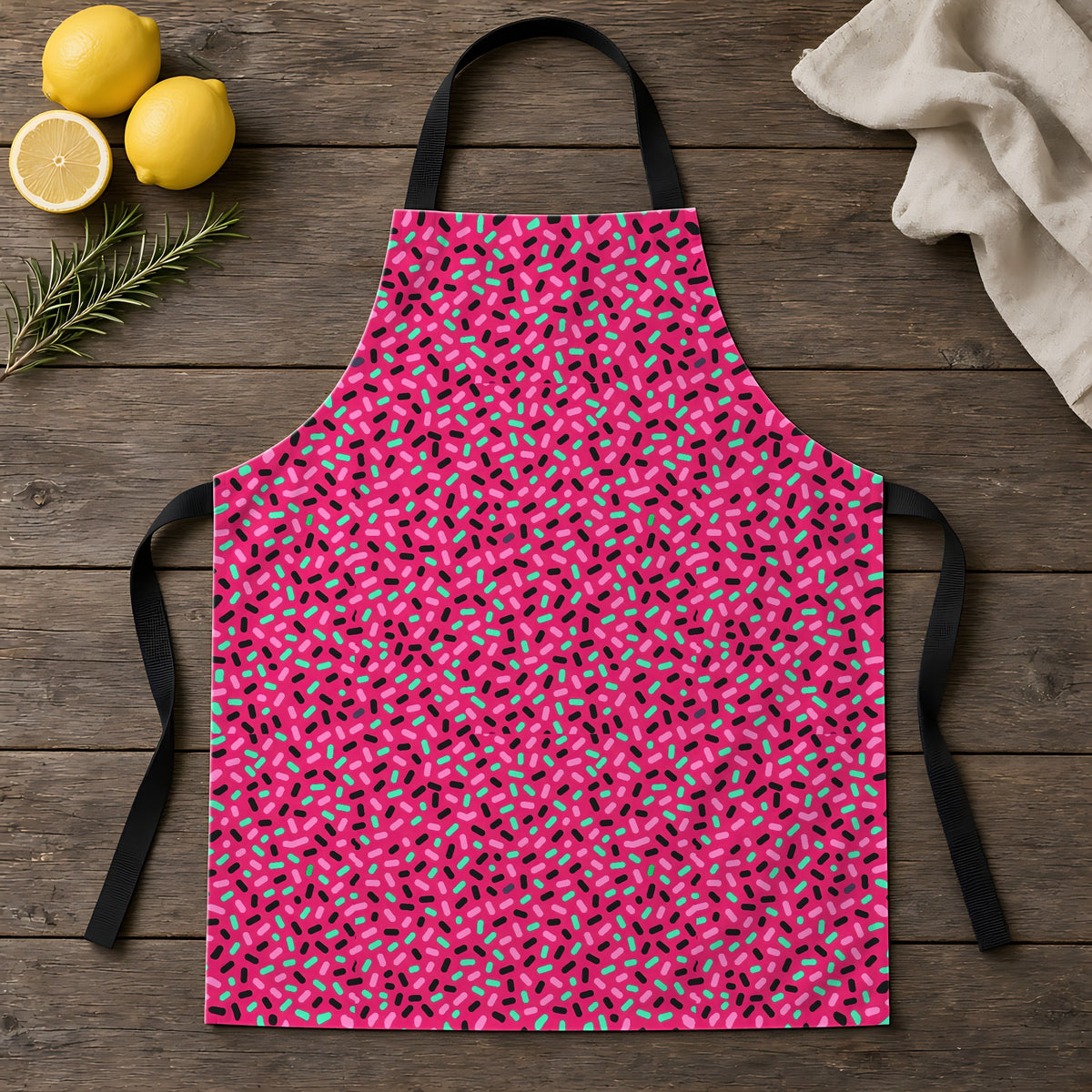 Sprinkle Pop Apron laid flat on a rustic wooden table
