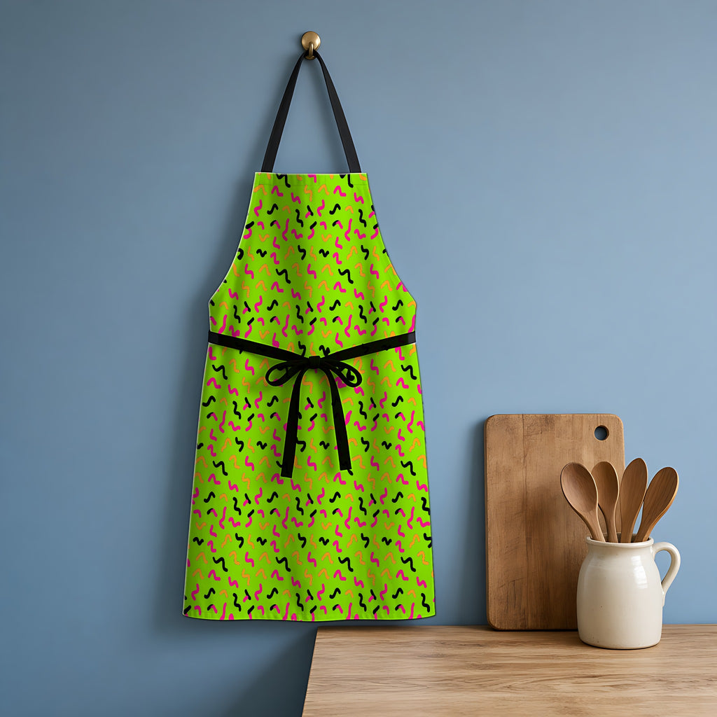 Squiggle Strokes Apron hanging in a blue kitchen