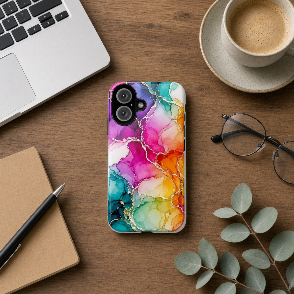 Rainbow Alcohol Ink Bloom tough phone case on a wooden desk beside a laptop, coffee and eucalyptus