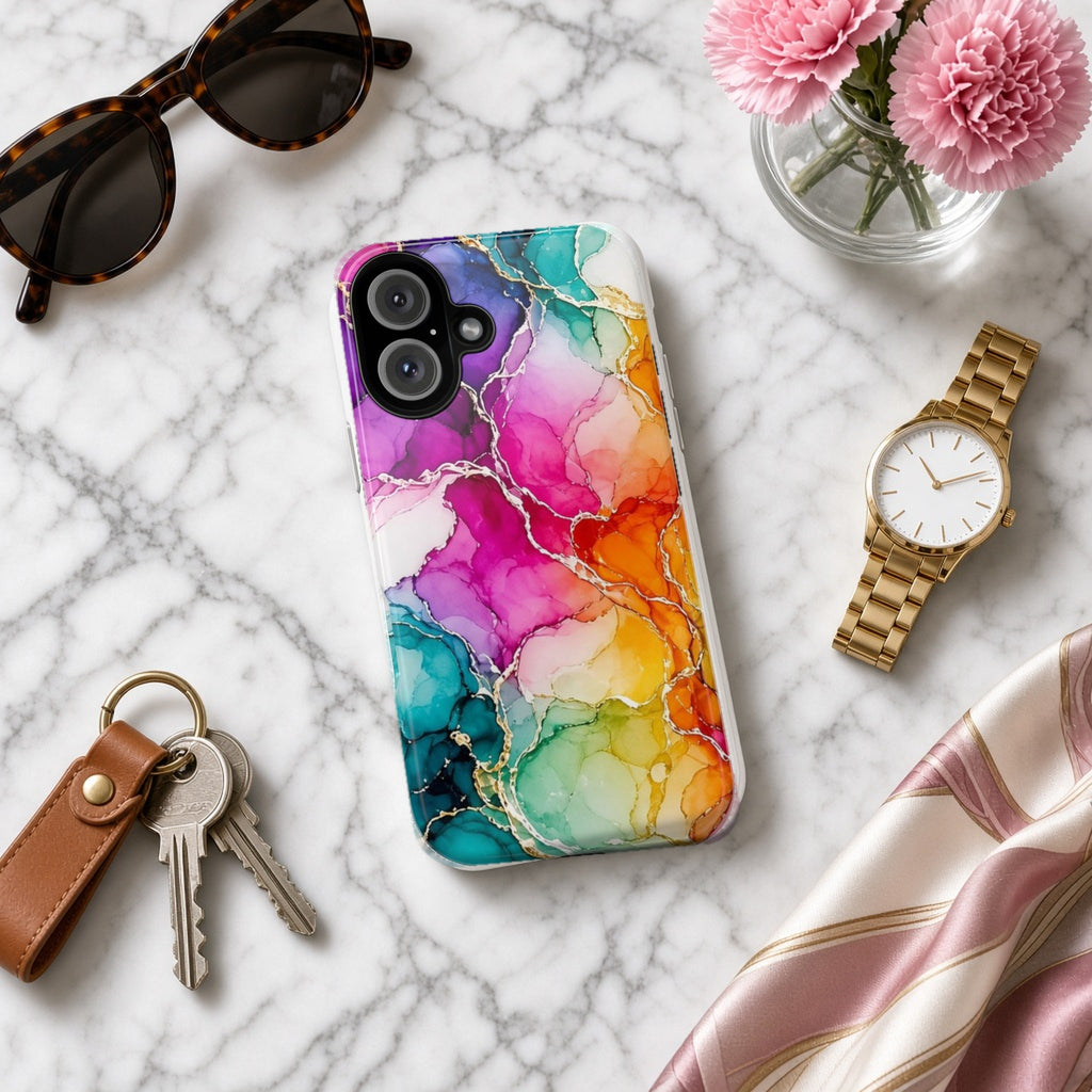 Rainbow Alcohol Ink Bloom tough phone case on white marble with a watch, keys and sunglasses