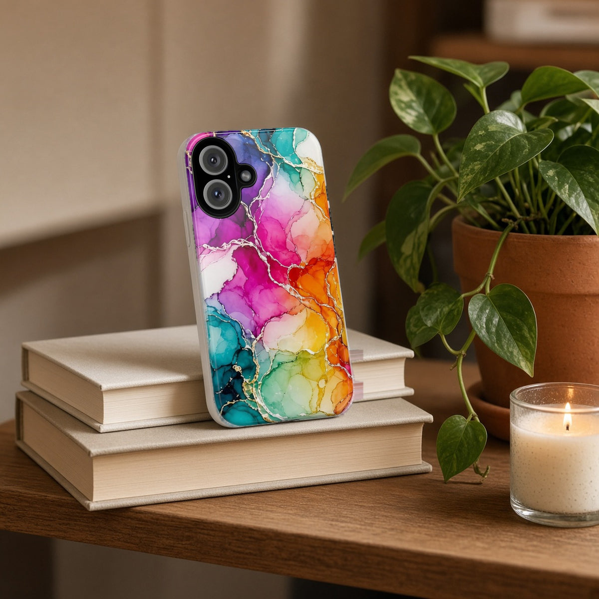 Rainbow Alcohol Ink Bloom tough phone case propped on a stack of books beside a plant and candle