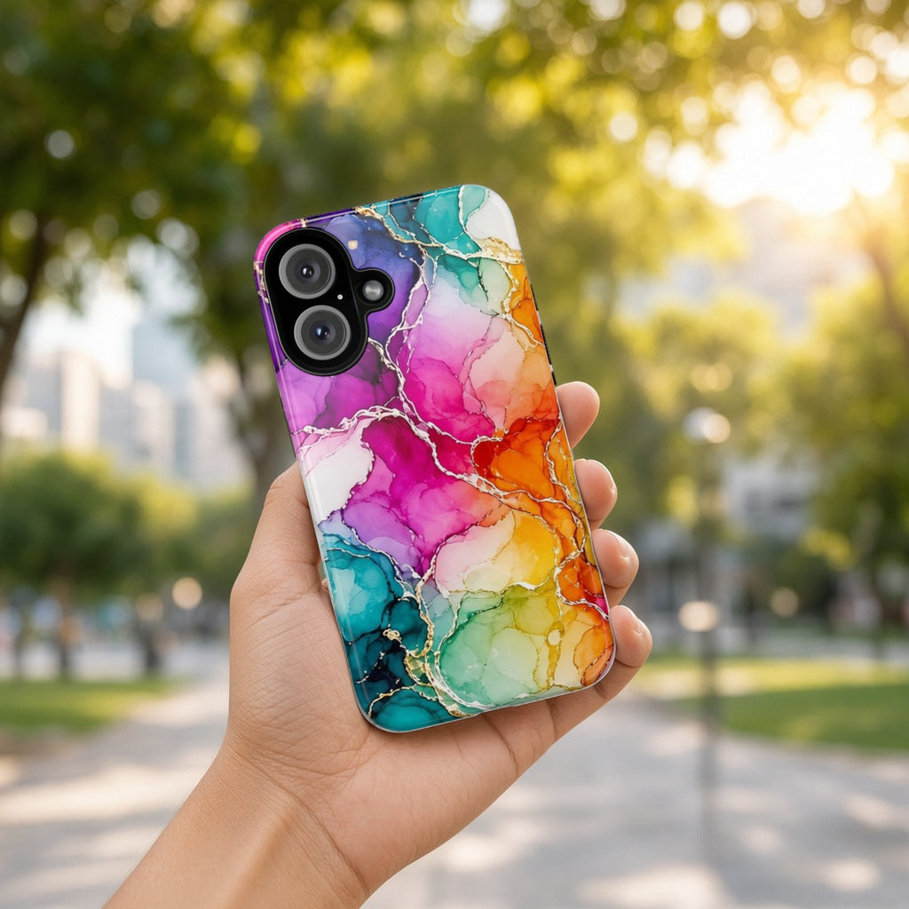 Hand holding the Rainbow Alcohol Ink Bloom tough phone case outdoors in a sunny park