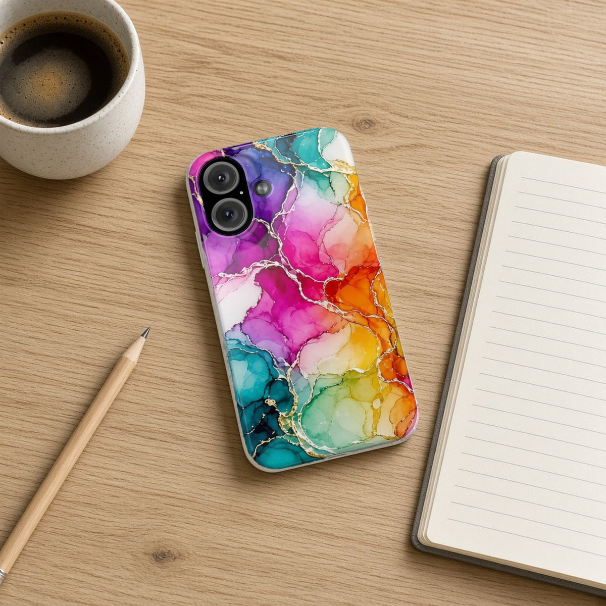 Rainbow Alcohol Ink Bloom slim phone case on an oak desk with a notebook, pencil and coffee