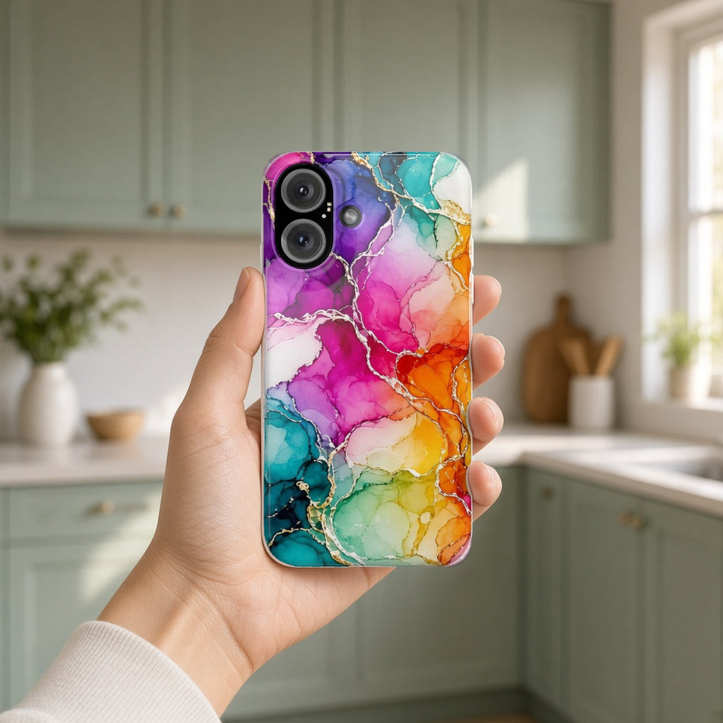 Hand holding the Rainbow Alcohol Ink Bloom slim phone case in a bright kitchen