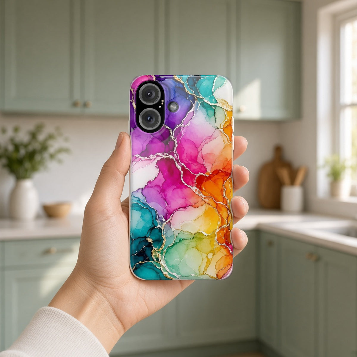 Hand holding the Rainbow Alcohol Ink Bloom slim phone case in a bright kitchen