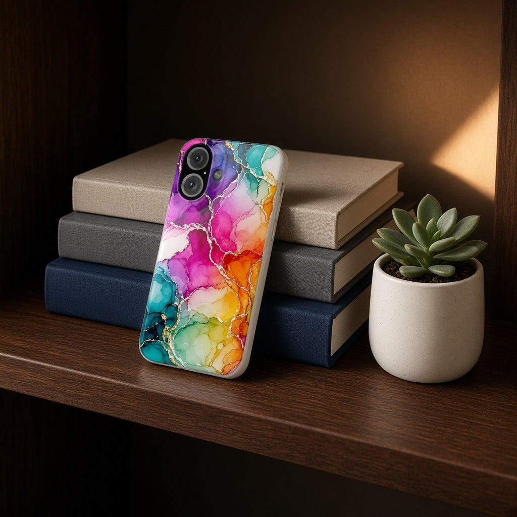 Rainbow Alcohol Ink Bloom slim phone case propped on a bookshelf beside a small plant
